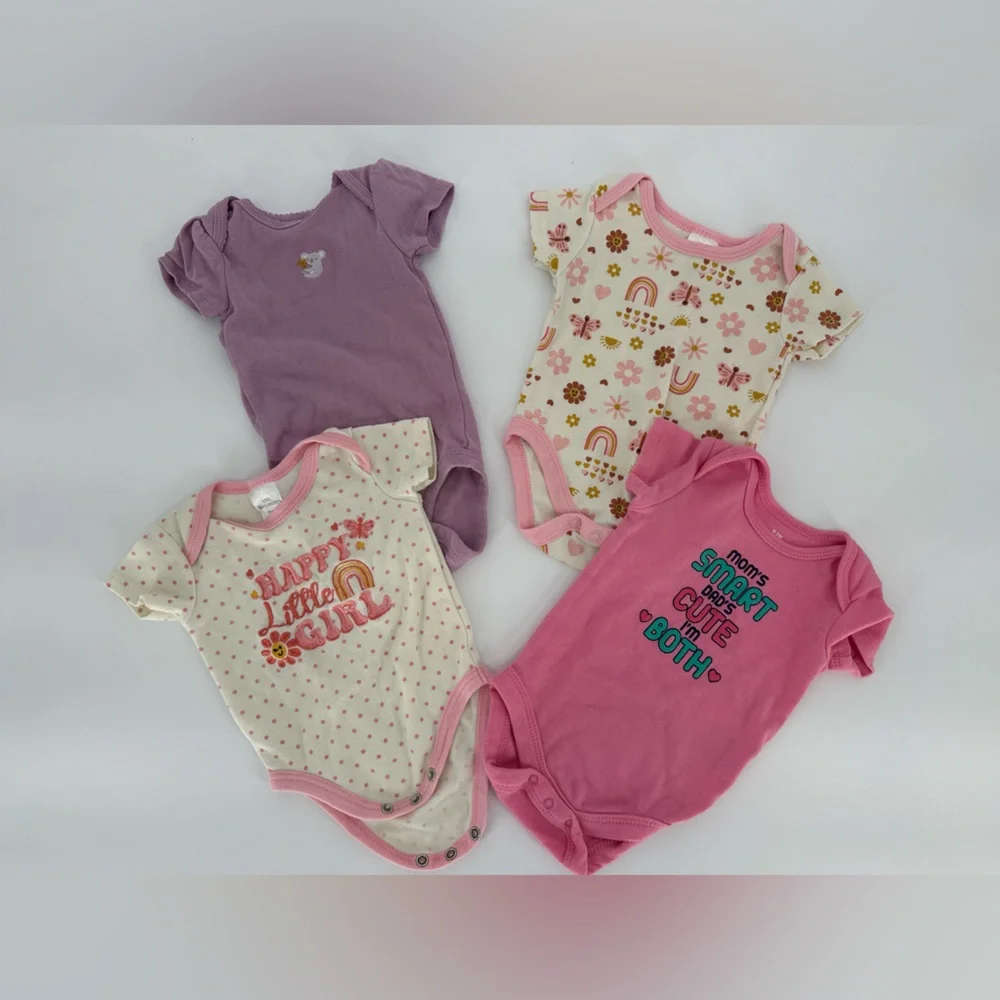Set of 4 Baby Onesies in Pink and Purple Girl Bodysuits Spring Summer 0-3 Months